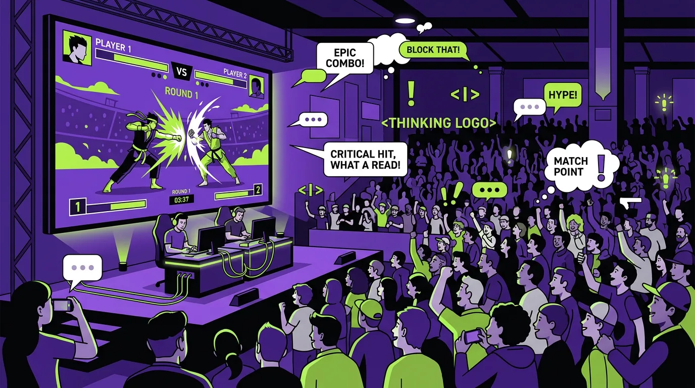 Fighting game tournament crowd watching competitive action on a large broadcast screen in a darkened hall