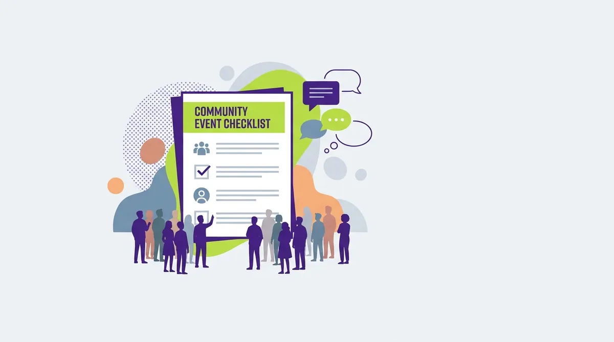 Abstract flat-vector illustration of a checklist document beside a small crowd silhouette