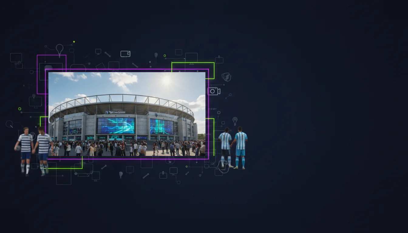 Premier League stadium exterior with advertising hoardings and matchday crowd visible in daylight