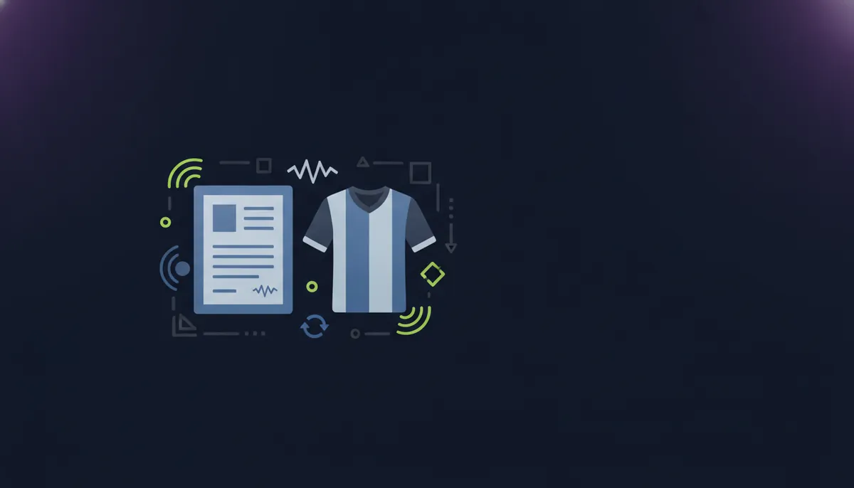 Stylised flat-vector of a policy document alongside a football shirt outline in blue and white