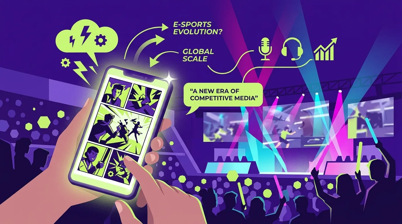 Stylised flat-vector illustration of a digital comics panel on a glowing mobile screen, esports arena lighting in background