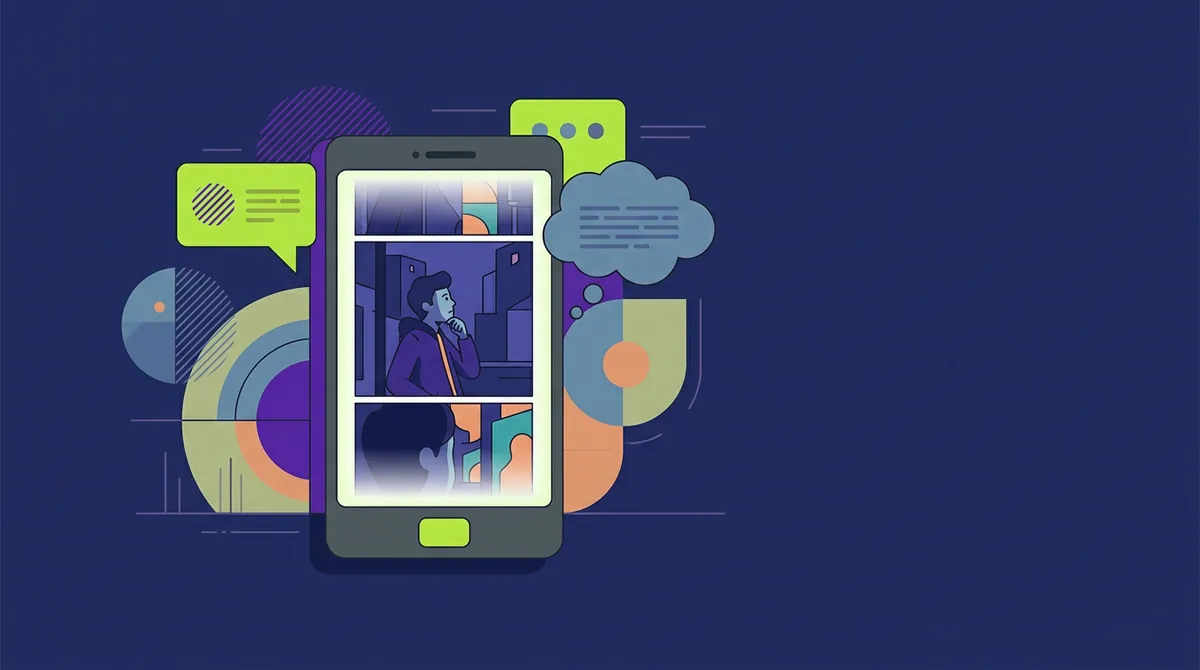 Stylised mobile phone displaying vertical digital comics interface, flat vector illustration