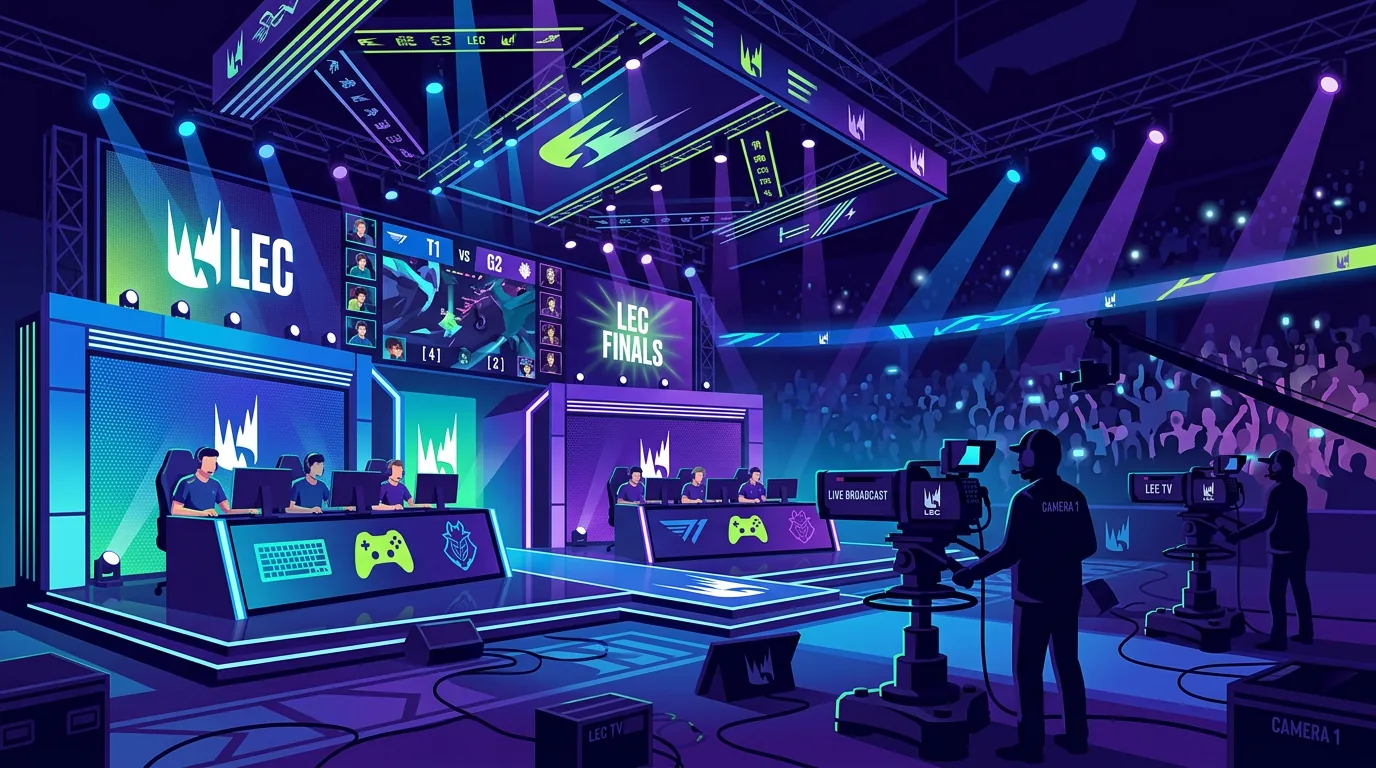 League of Legends LEC competitive stage lit in blue and purple, broadcast cameras in foreground