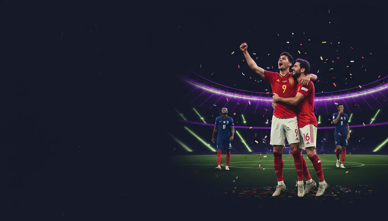 Spain players celebrating their 2-0 World Cup 2026 semi-final victory over France at Dallas Stadium