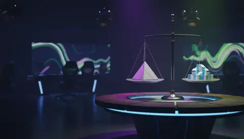 Evolution AB live casino studio broadcast set with roulette table, dealer and blue stage lighting