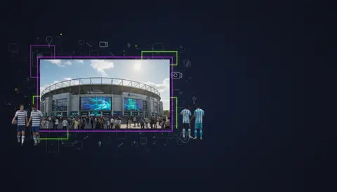 Premier League stadium exterior with advertising hoardings and matchday crowd visible in daylight