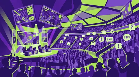 Crowd filling a large indoor arena during an esports event with stage lighting and broadcast screens