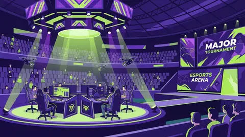 A vast esports arena stage lit by dramatic LED panels with drone cameras hovering overhead, upper-tier seats visible in the background before a major tournament begins