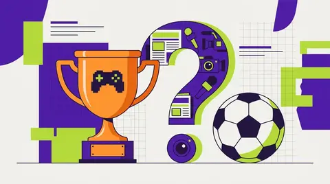 Stylised illustration of an orange esports trophy beside a football, separated by a question mark