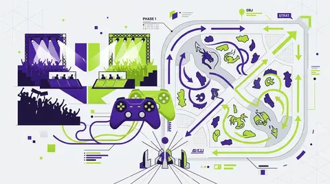 Stylised illustration of a League of Legends summoner's rift map with arrows showing jungle paths