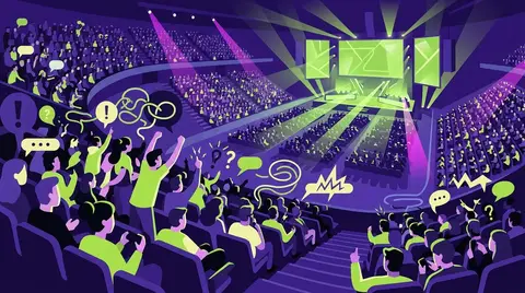 Packed crowd at a major esports event inside a large arena, stage lights illuminating the venue