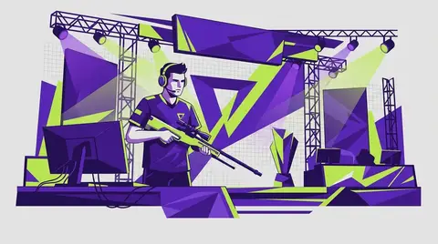 Flat-vector illustration of a Counter-Strike 2 AWP player on a lit tournament stage holding a sniper rifle, purple and lime palette