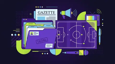 Abstract flat-vector illustration of legal document folders and a football pitch diagram on a dark background