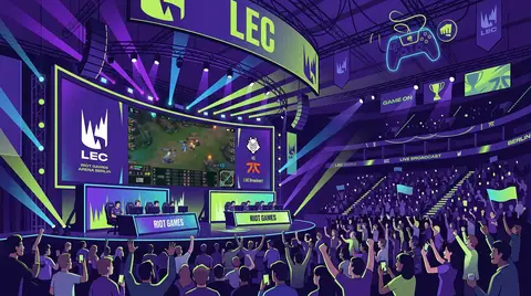 Interior of the Riot Games Arena Berlin showing the main Arena Stage during an LEC broadcast, purple and blue stage lighting