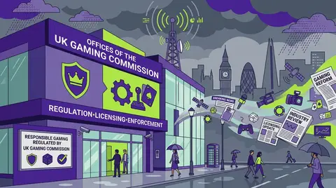 UK Gambling Commission offices exterior, regulatory signage on a grey overcast day